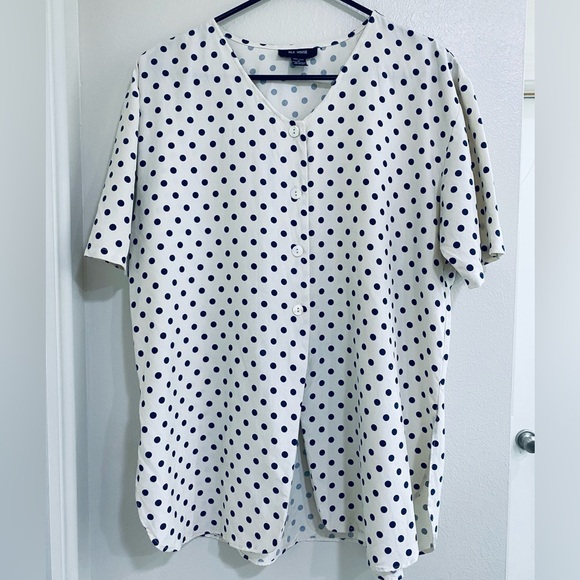 Navy Polka Dot V-Neck Blouse 100% silk size small. Oversized fit. Elegant - Picture 1 of 5
